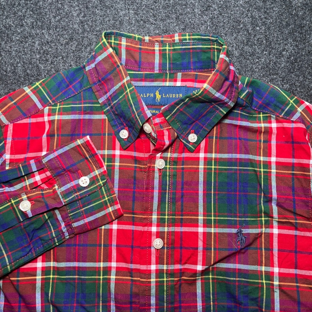 Ralph Lauren Button Down Shirt Kids Size 6 Red Plaid Excellent Natural Stretch